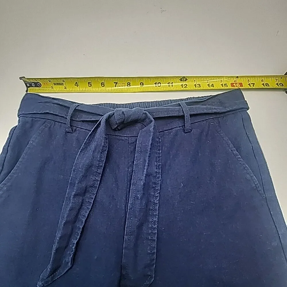 J Crew Pants Linen Blend Blue Wide Leg Elastic Waist Tie Women Size 6 Pull-On